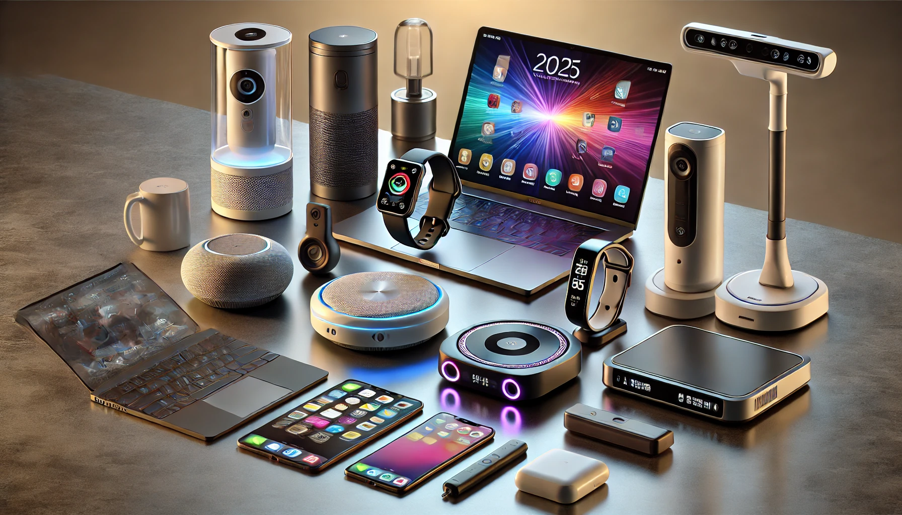 Dall·e 2025 04 08 13.14.19 a high resolution, ultra realistic image showing the top 10 modern tech gadgets for 2025 displayed on a sleek table. items include a smartwatch, wirel