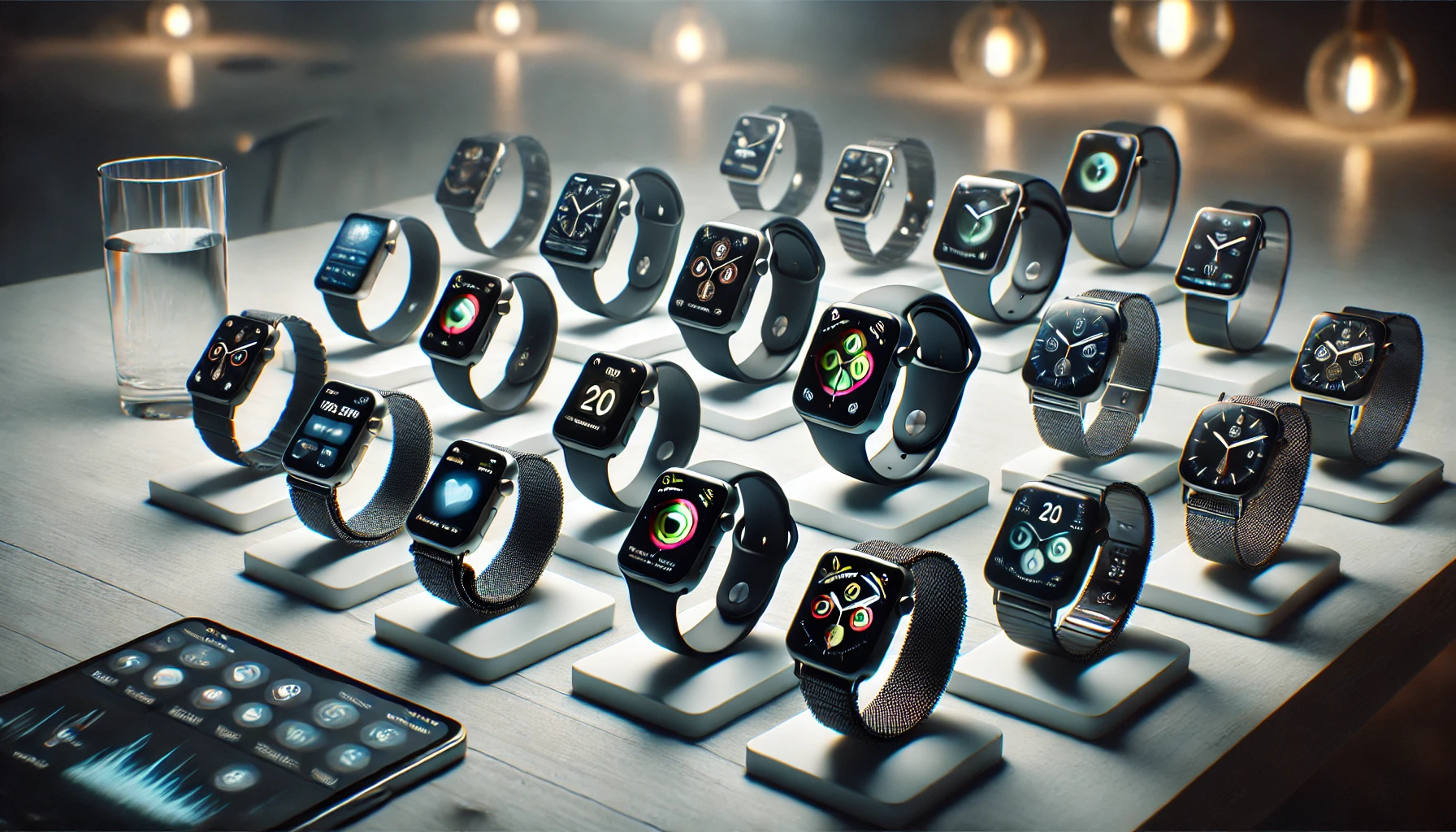 Dall·e 2025 04 08 13.19.46 an ultra realistic image of a selection of smartwatches displayed on a modern desk. each watch is turned on, showing different functions such as heart