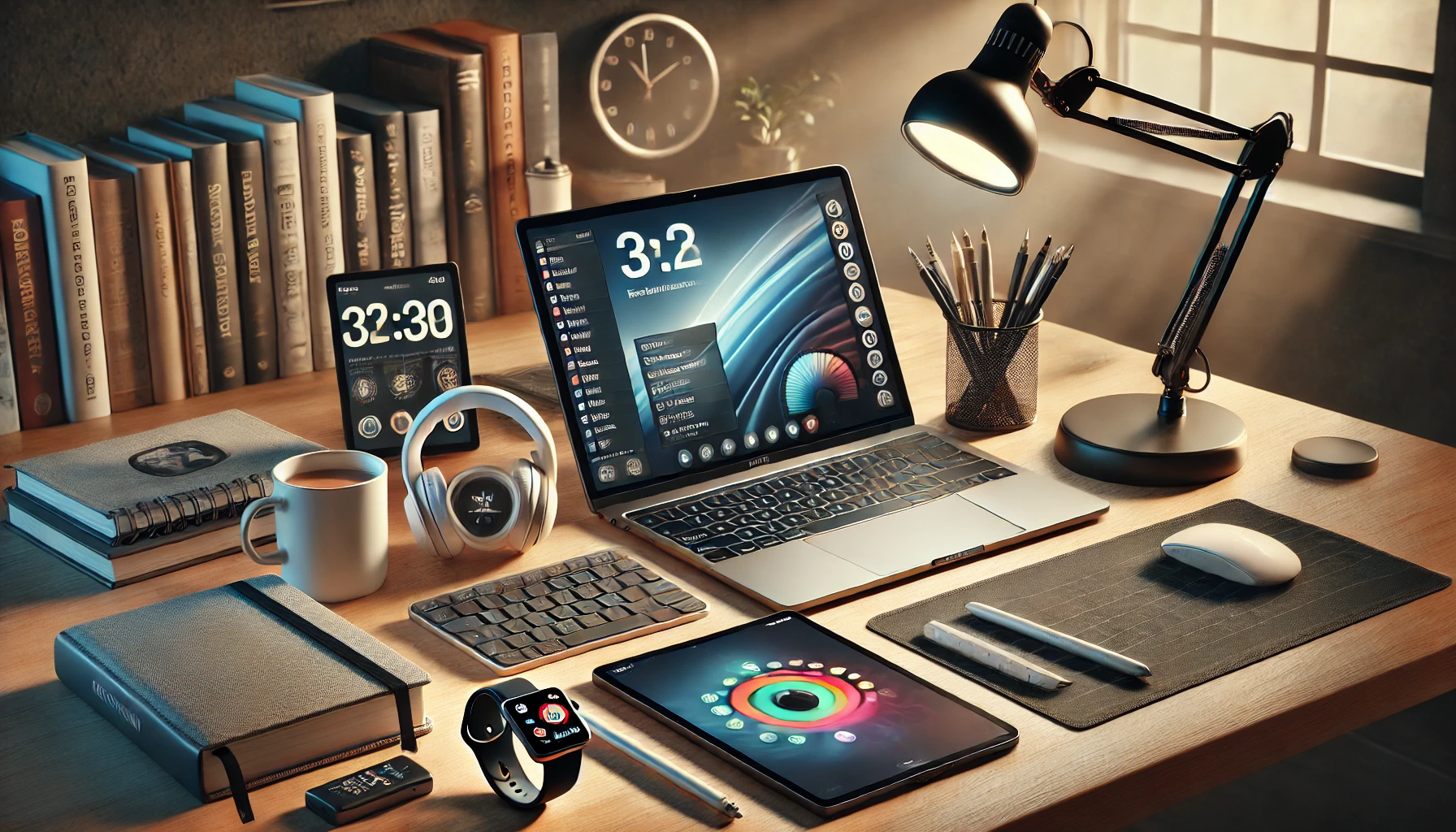 Dall·e 2025 04 08 13.26.07 a realistic and well lit desktop setup designed for a student, featuring key productivity gadgets a lightweight laptop, a tablet with a stylus, noise