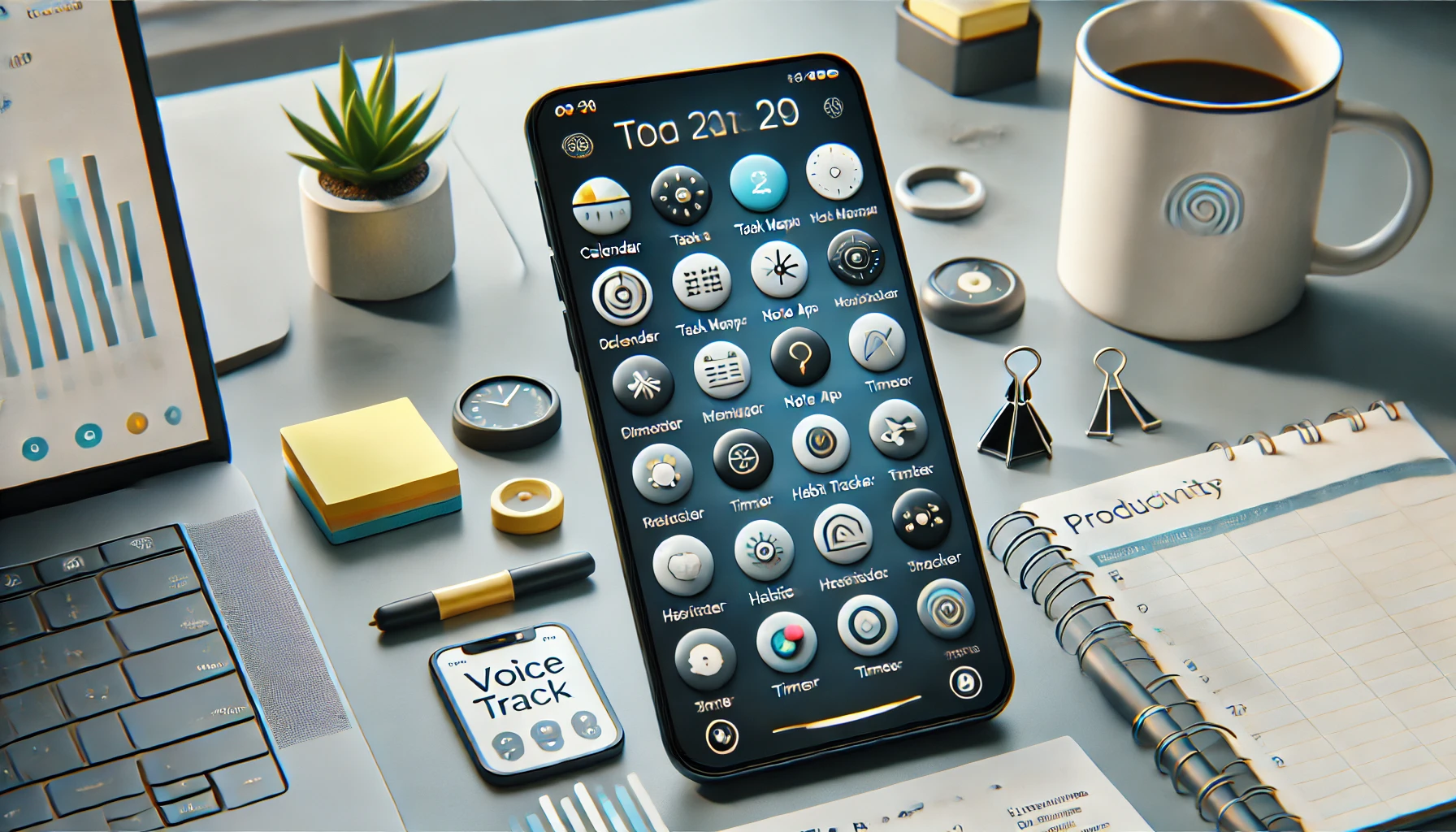 Dall·e 2025 04 08 13.44.48 a highly realistic and organized smartphone setup on a modern desk, showing the phone's screen filled with productivity widgets and app icons like cal