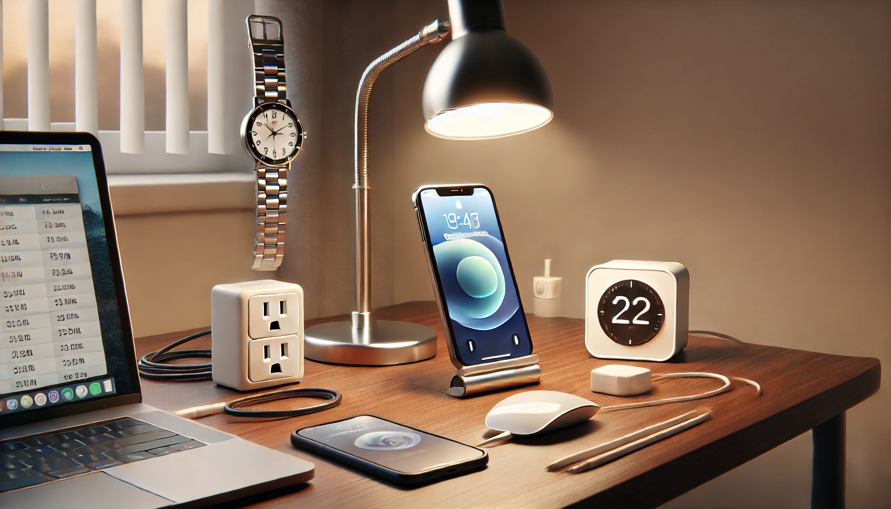 Dall·e 2025 04 08 13.48.33 a realistic and neatly arranged workspace with five simple gadgets a phone or tablet stand holding a device, a stylish led desk lamp with adjustable