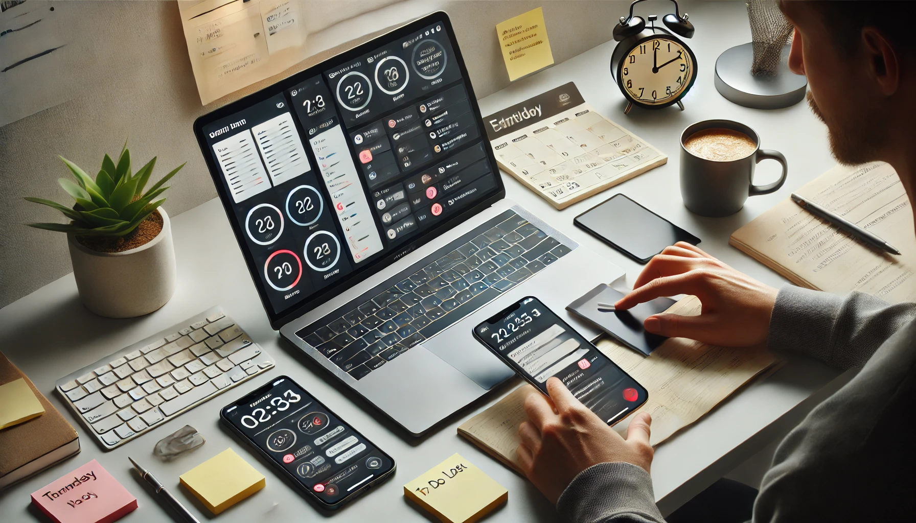 Dall·e 2025 04 08 13.51.39 a realistic and modern home workspace featuring a person using a laptop and smartphone side by side, with screens showing a digital calendar, to do li