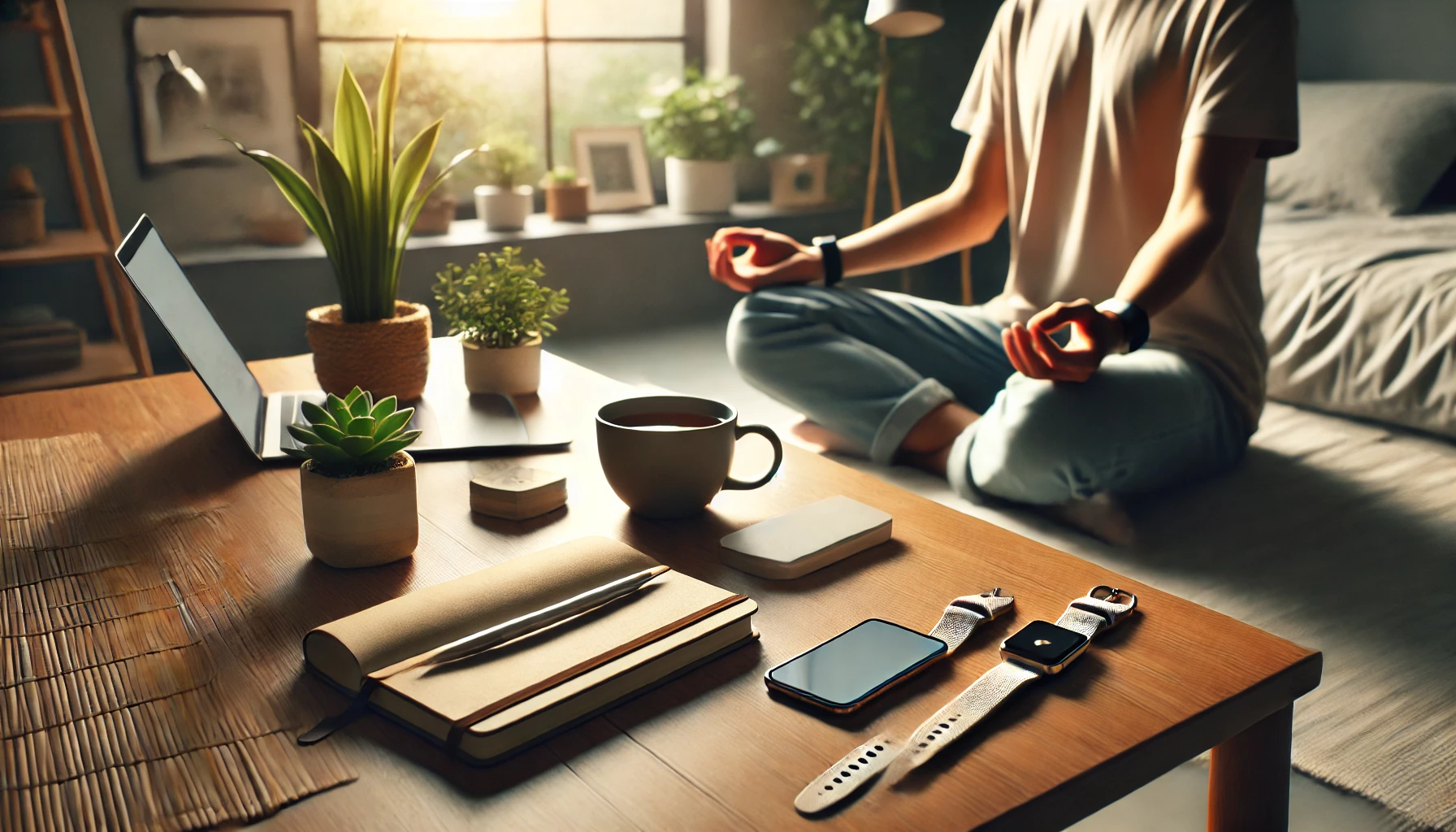 Dall·e 2025 04 09 15.29.14 a peaceful and modern home setting showing a person practicing mindfulness with a smartphone placed face down nearby, a smartwatch on the table, and a