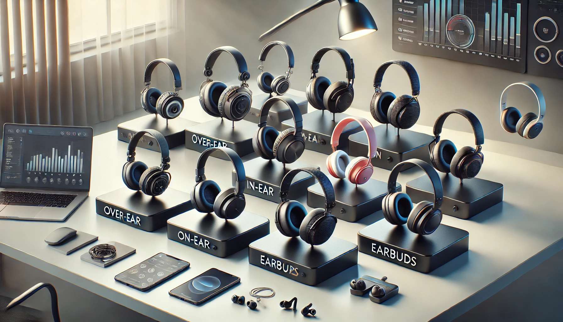 Dall·e 2025 04 09 15.32.59 a realistic and stylish display of various types of headphones arranged on a clean desk over ear, on ear, in ear, earbuds, and sports headphones. the