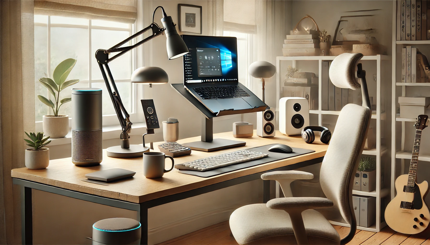 Dall·e 2025 04 09 15.40.50 a realistic and modern home office setup featuring key gadgets a laptop on a height adjustable stand, an ergonomic keyboard and mouse, a noise cancel