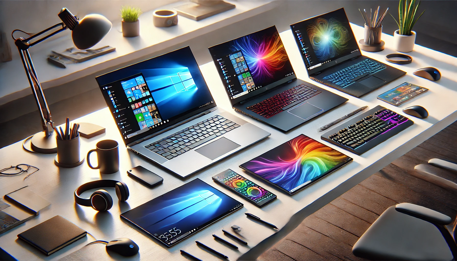 Dall·e 2025 04 10 17.34.15 a realistic image of a modern workspace featuring four different types of laptops a budget basic laptop, a thin and sleek ultrabook, a 2 in 1 convert