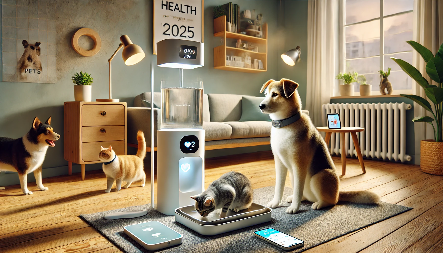 Dall·e 2025 04 14 15.20.07 a realistic indoor scene showing pets using health focused smart gadgets a dog wearing a smart collar, a cat drinking from an automatic filtered wate