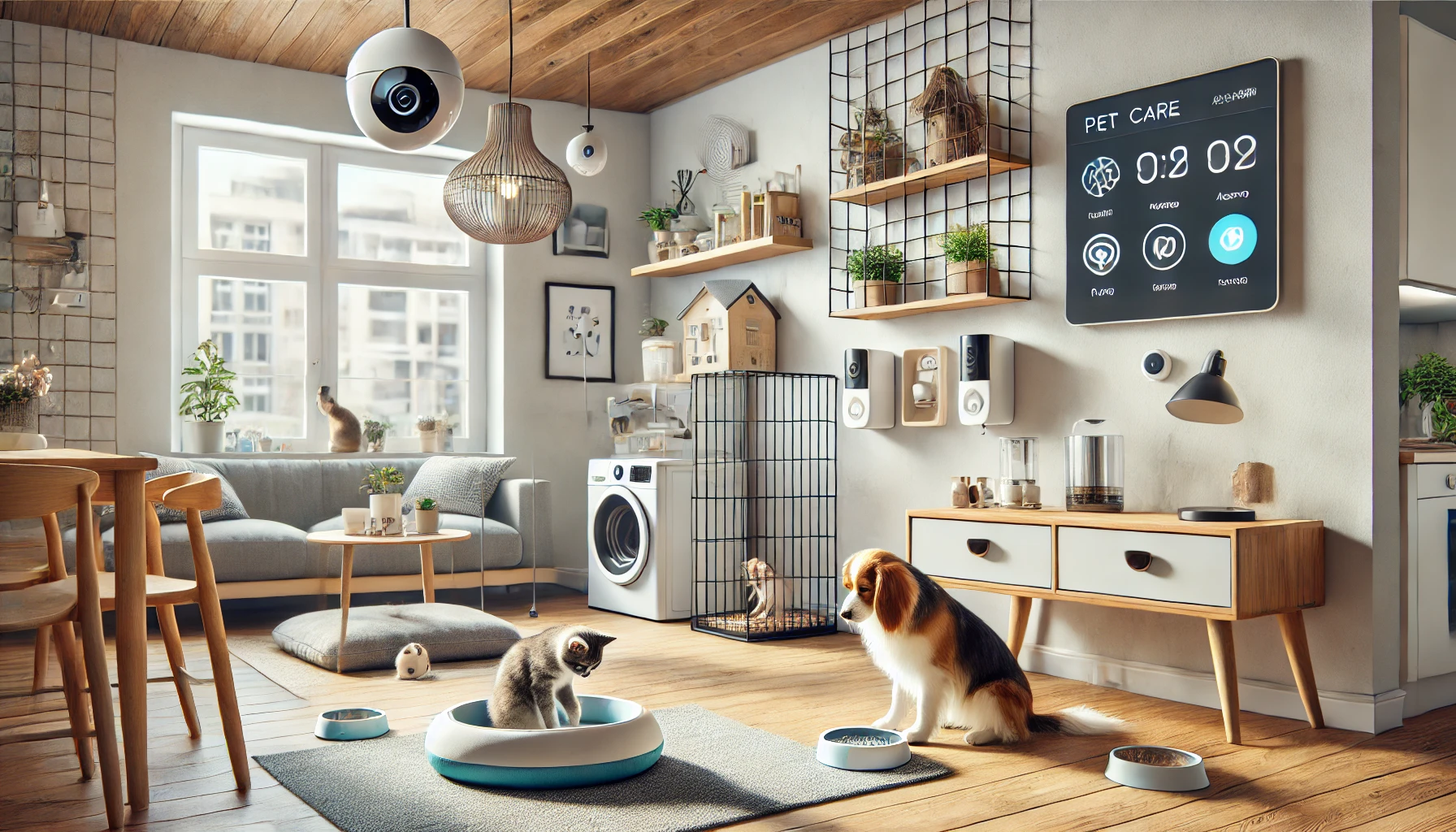 Dall·e 2025 04 17 11.53.49 a realistic and cozy apartment interior featuring pets using smart devices. a small dog is eating from an automatic feeder, a cat is playing with an i