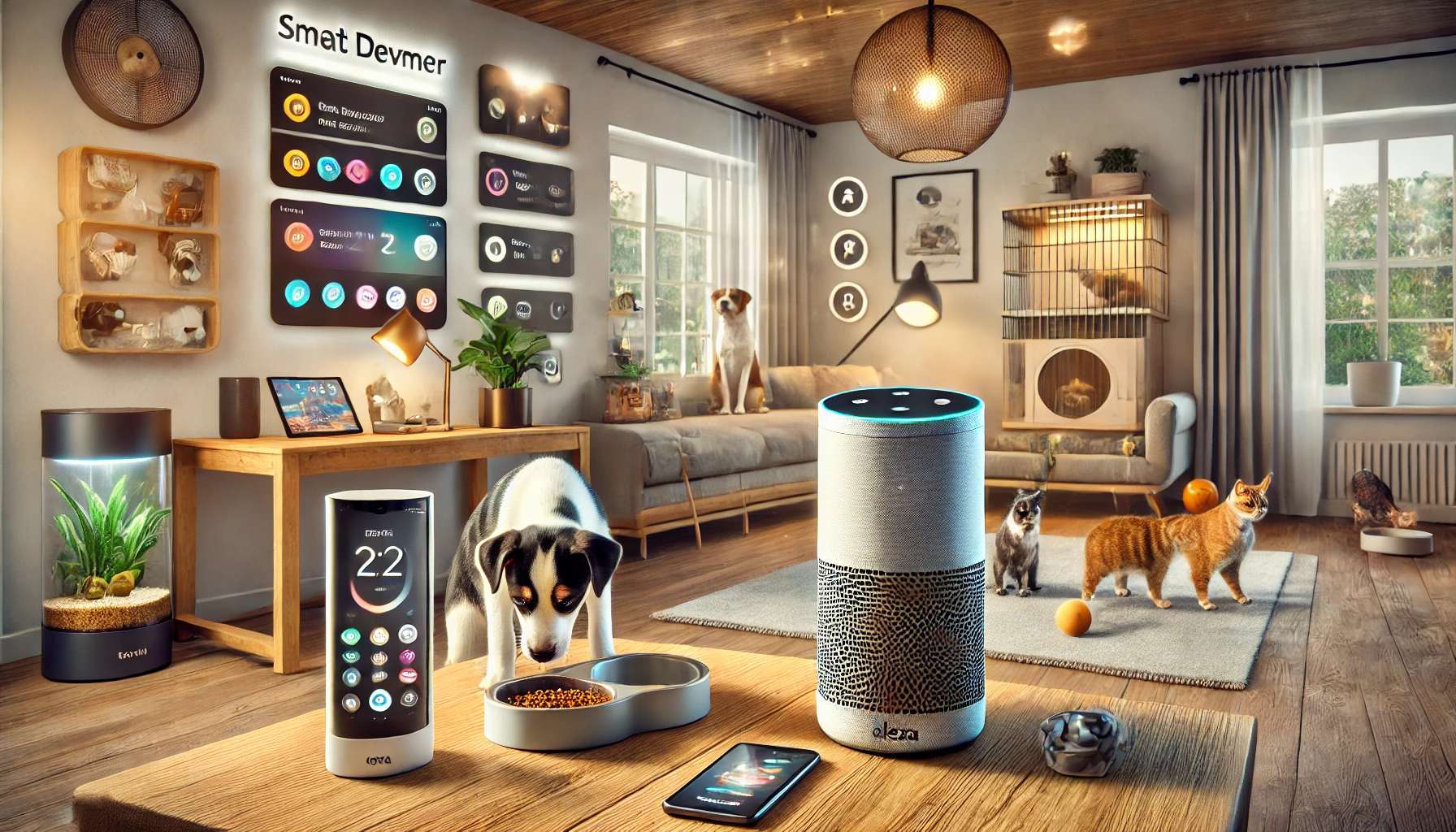 Dall·e 2025 04 22 15.09.41 a realistic smart home environment showing various pet devices integrated with a virtual assistant. a smart speaker like alexa is in the center, with