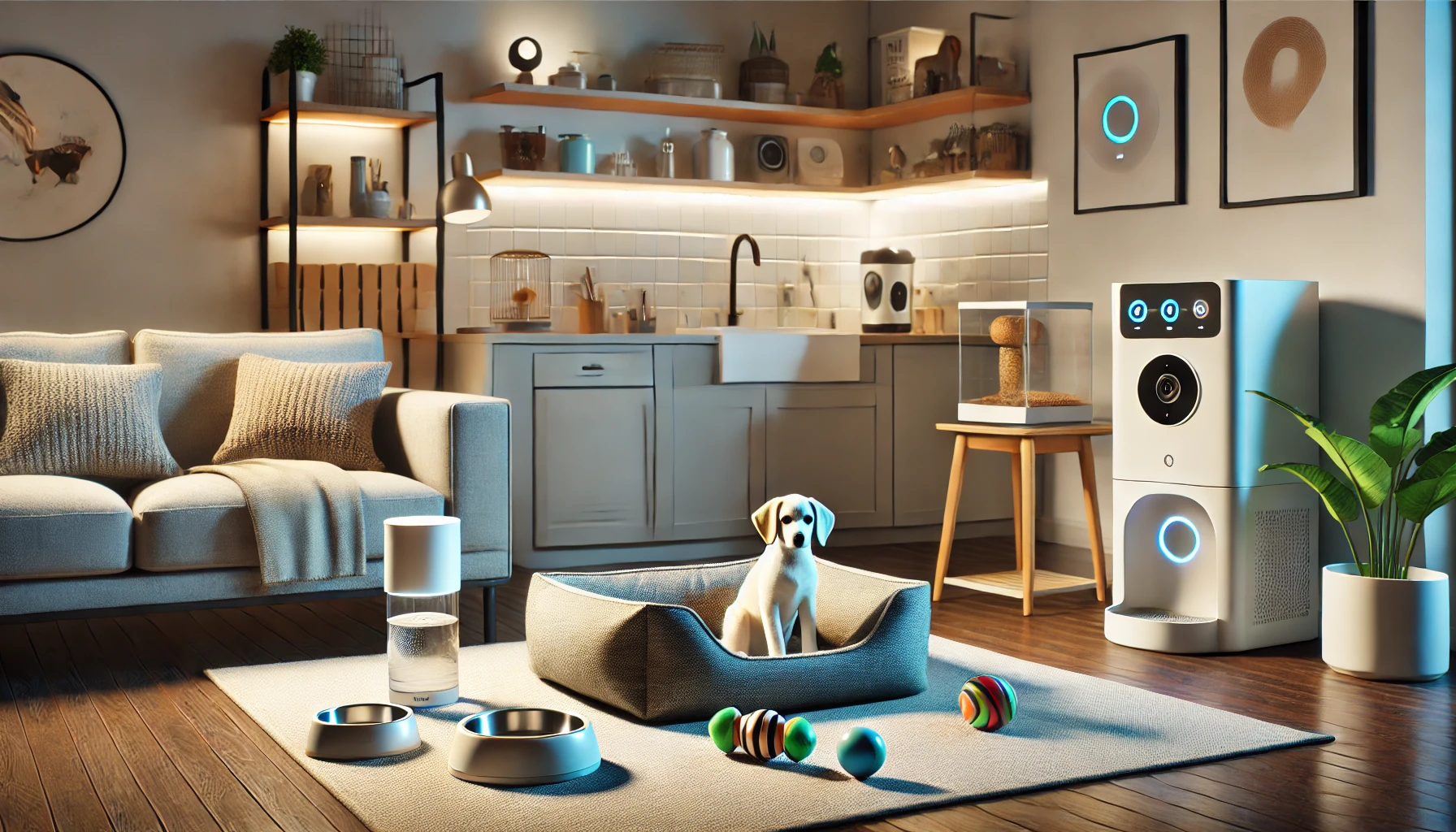 Dall·e 2025 04 22 15.12.24 a realistic and welcoming home environment prepared for a new pet. a cozy smart bed is set up in the corner with soft lighting above, an automatic fee