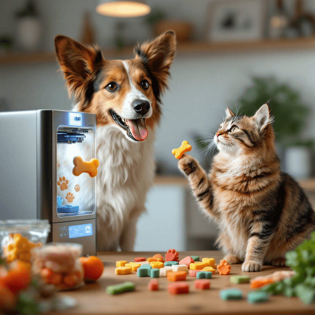 Cão e gato felizes recebendo petiscos de impressora 3d em cozinha moderna (1)