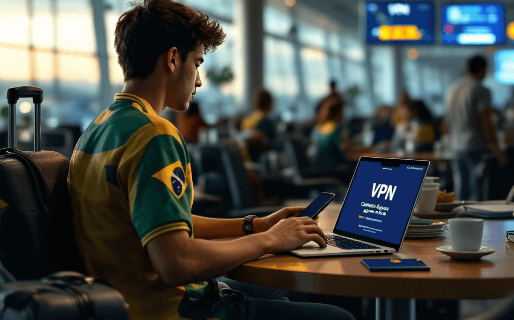 Cena de aeroporto internacional com viajantes brasileiros e segurança digital (1)