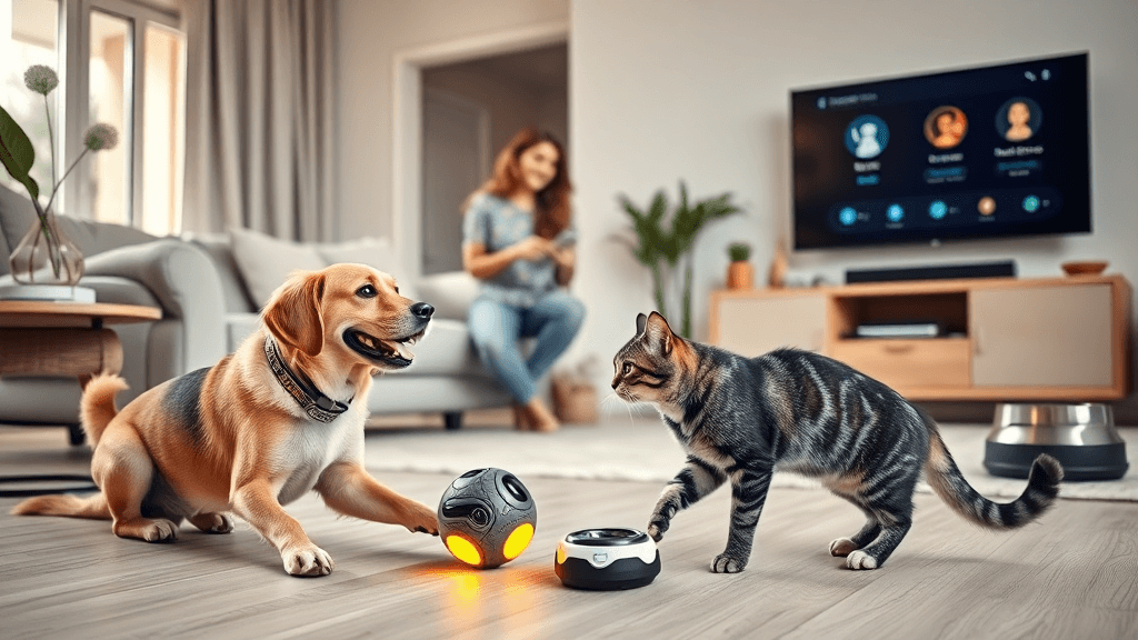 Modern cozy living room with pets and technology (1)