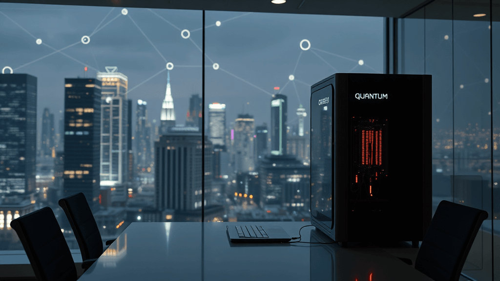 Modern office with quantum computer and urban digital network (1)