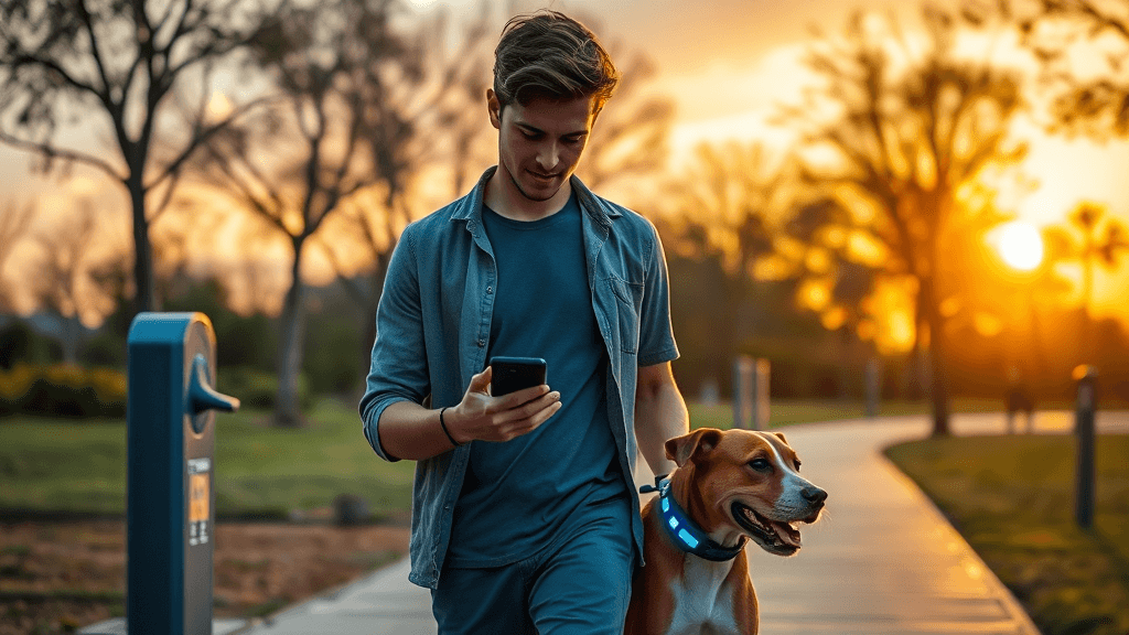 Urban park at sunset with a young man walking his dog (1)