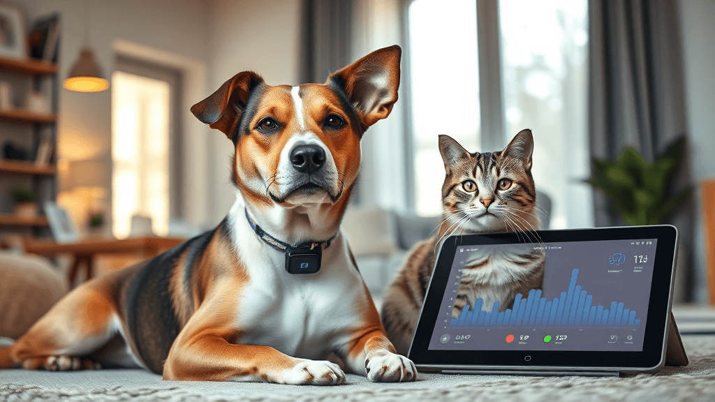 Cão e gato com tecnologia em ambiente moderno (1)