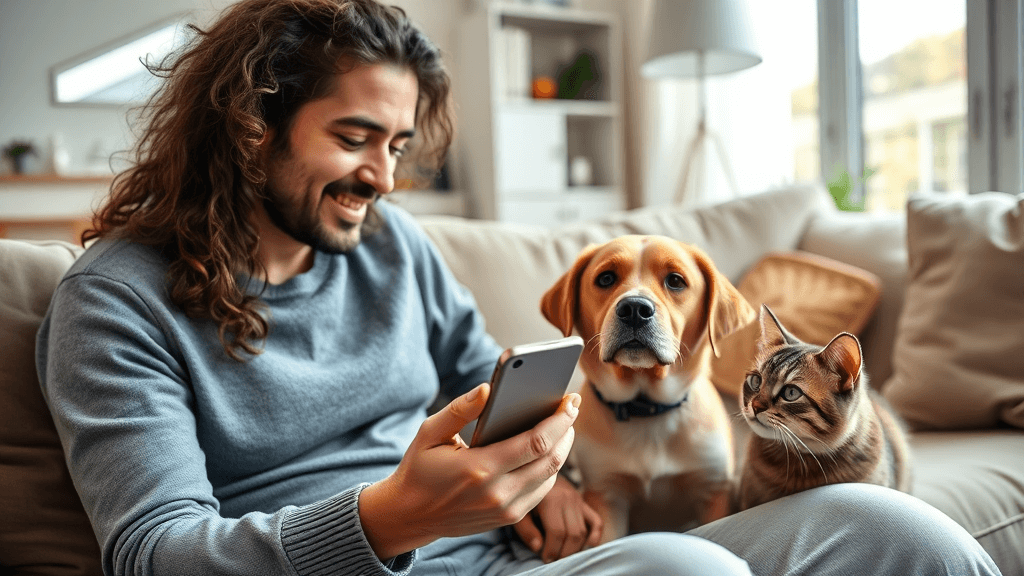 Pet owner with smartphone and curious pets (1)
